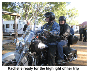 Rachelle ready for the highlight of her trip - Harley ride from Daly Waters